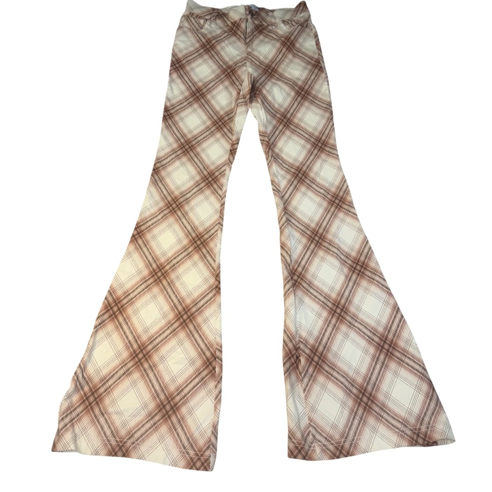 Hollister High Rise Flare Pants XS Brown Cream Plaid Advanced Stretch Retro 70s